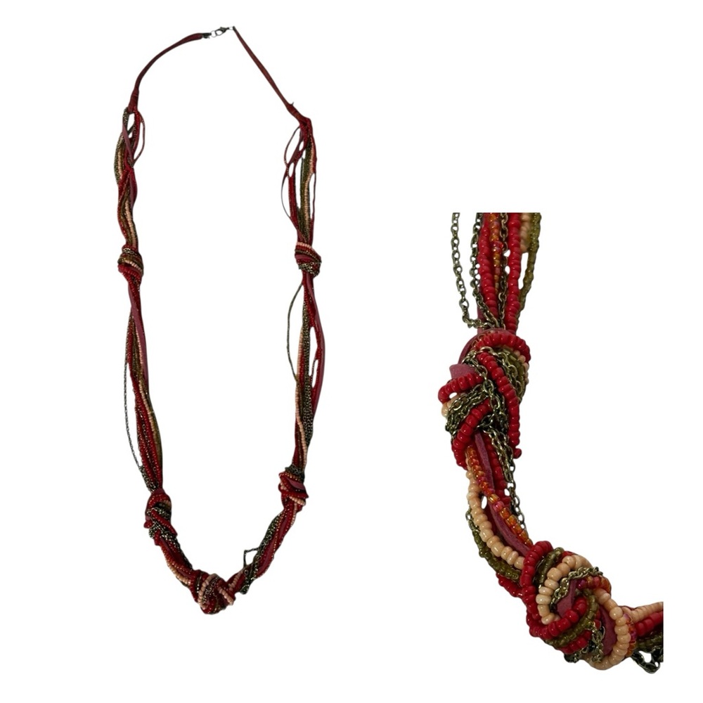 Vintage Handmade Multi Strand Beaded Fabric‎ Red Mauve Womens Necklace